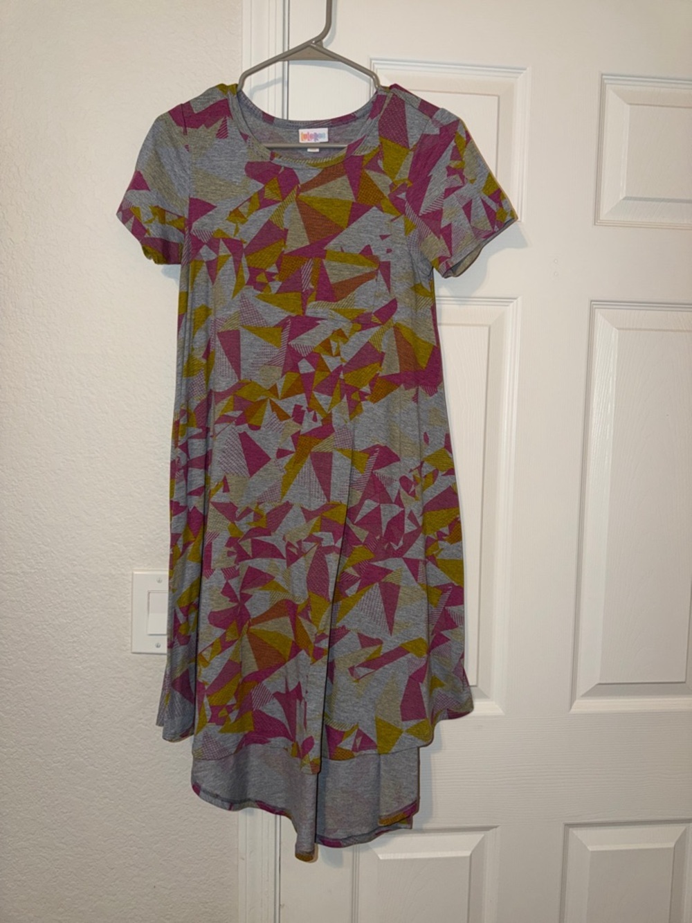 Lularoe Carly Geometric-Print Short Sleeve Dress - Gray with Pink & Yellow